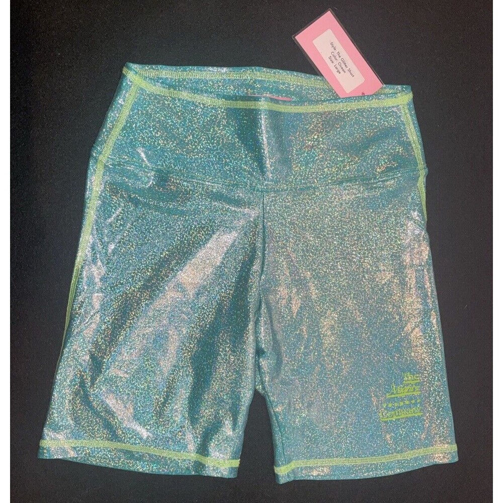 The Mighty Company  Ocean Blue Glitter  Biker Shorts Gym Athletic LARGE NWT New